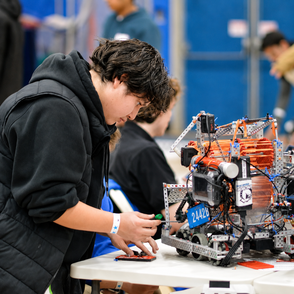 Upper School student working on robot.