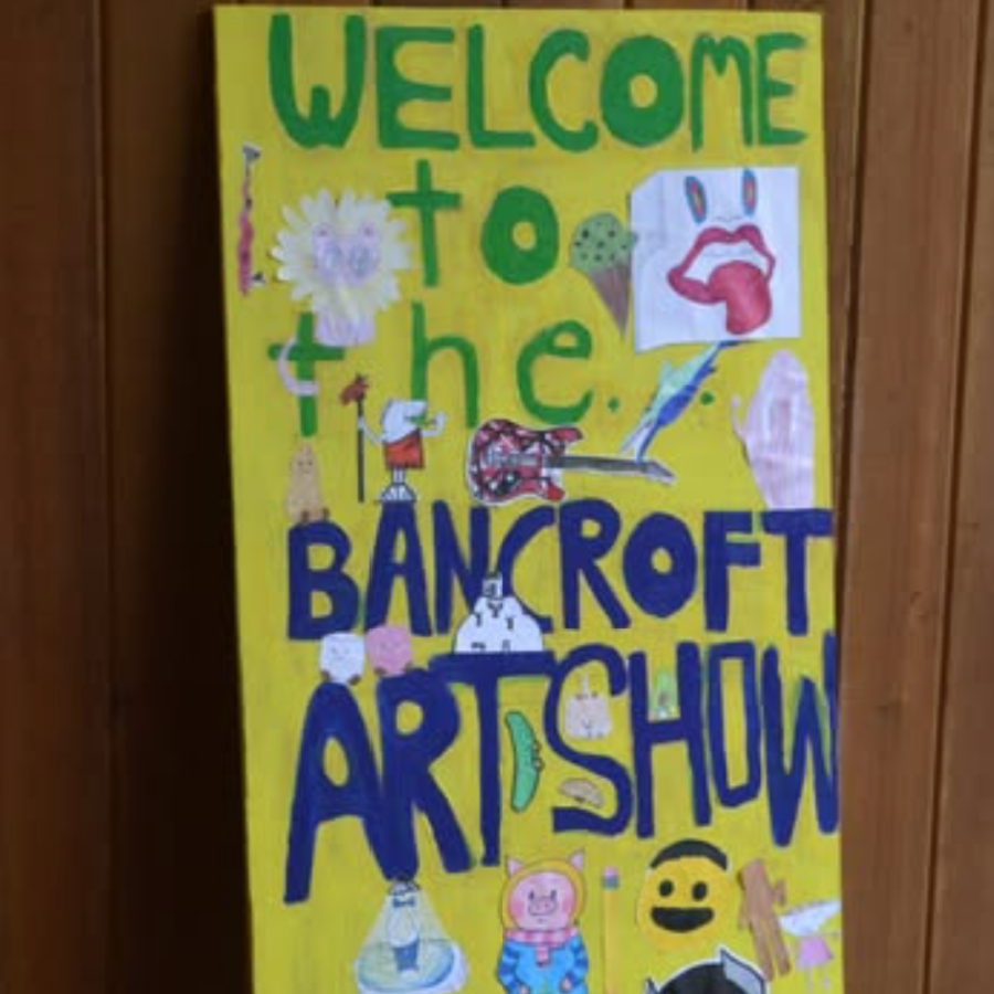 hanpainted sign advertising the Bancroft School Art Show.
