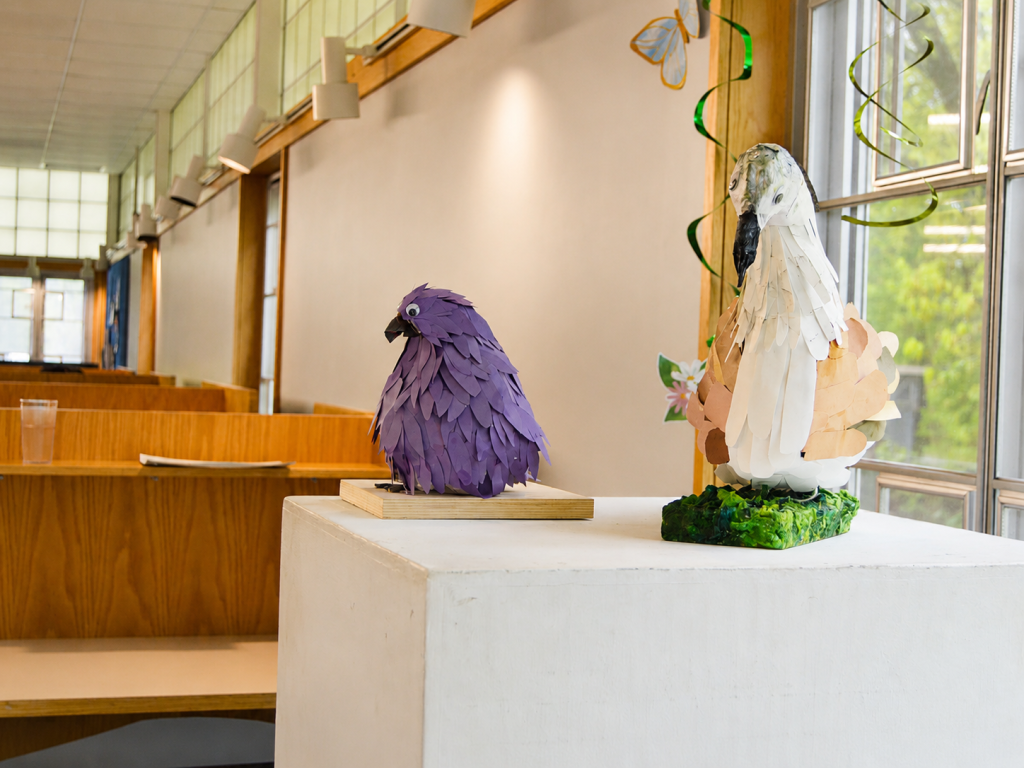 Bancroft School student art work on display in the library.